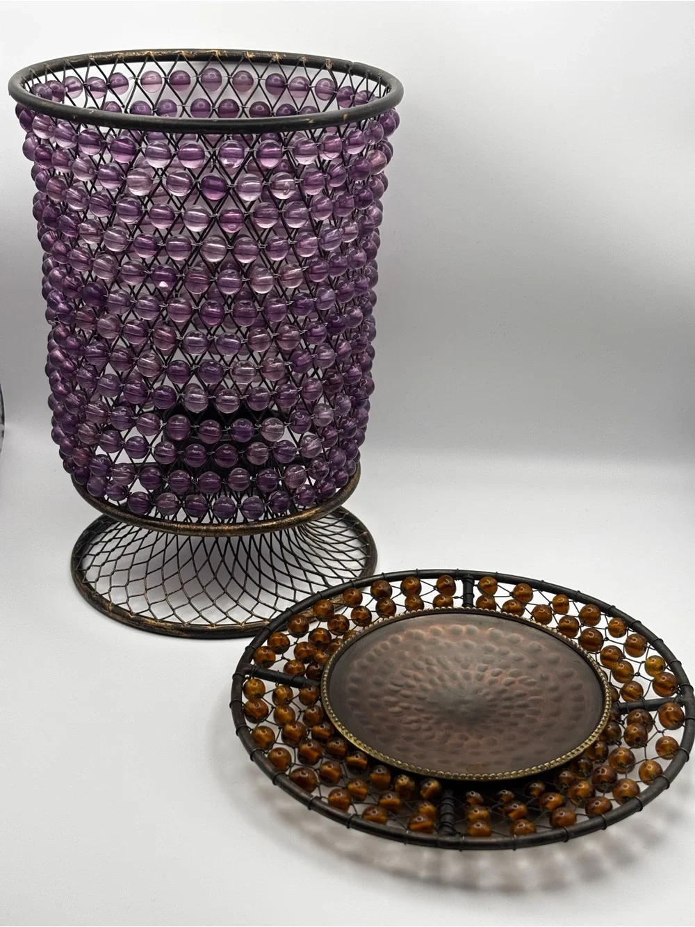 Decorative Beaded Brass Metal Tealight Candle Votive Set of 2 Purple and Amber